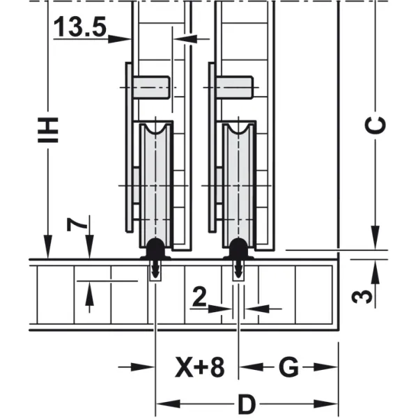 Sliding door fitting, Häfele Slido F-Line15 55A, set