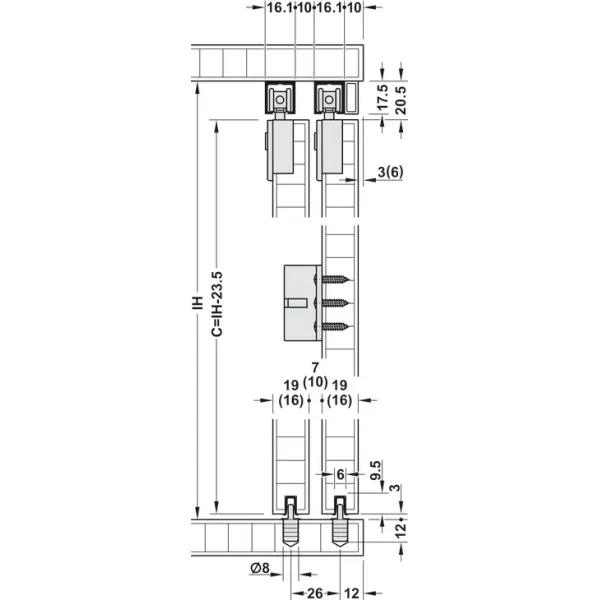 Sliding door fitting, Häfele Slido F-Line21 40C, set