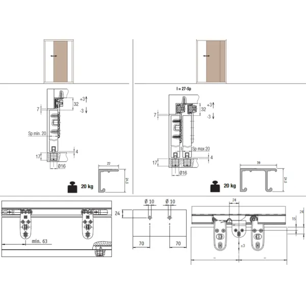 Stumdomų durų sistema 1010, vienoms medinėms durelėms, 20kg