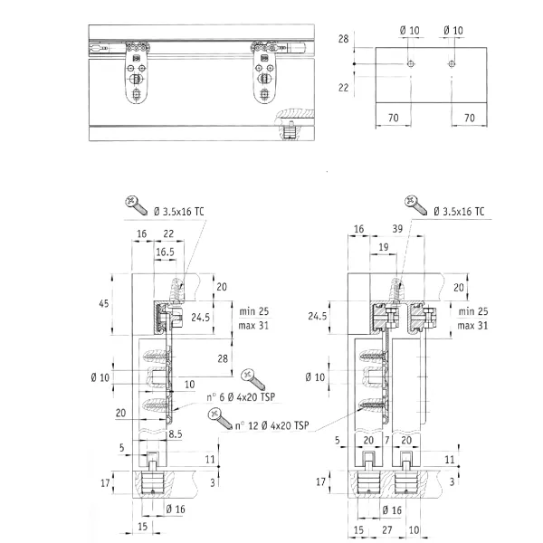 Stumdomų durų sistema 1010, vienoms medinėms durelėms, 20kg