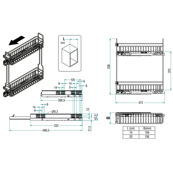 Pull out wire Cargo basket Unica 10, W200mm, left mounted, partial extension, with soft close, chrome