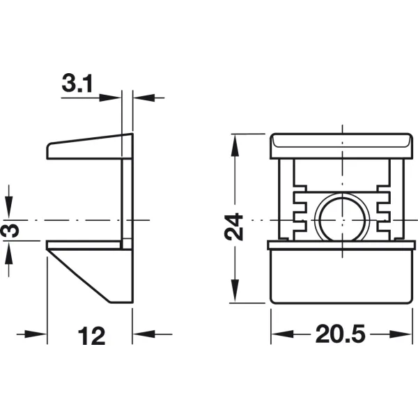Shelf support, for screwing into drill hole Ø3mm or 5mm, zinc alloy with plastic support