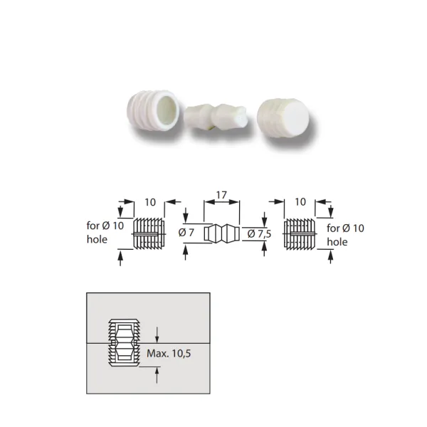Snap Fitting "Bone" Female Part-White PA, Ø10x10mm