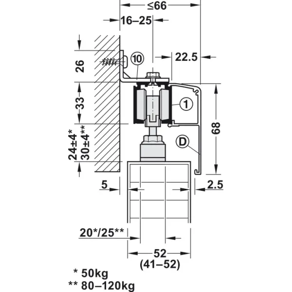 Sliding door fitting, Häfele Slido D-Line11 120P, set without running track