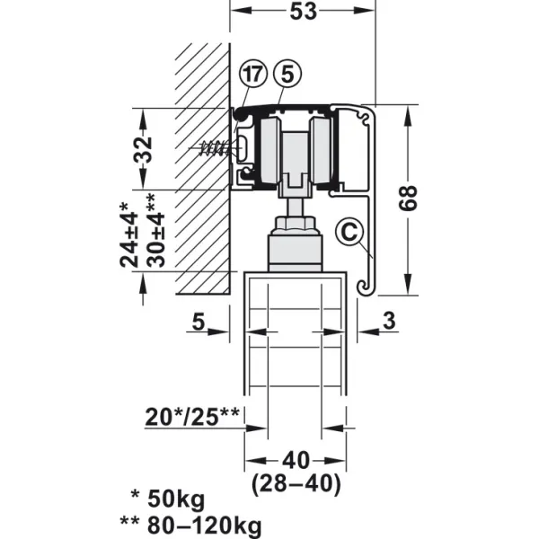 Sliding door fitting, Häfele Slido D-Line11 120P, set without running track