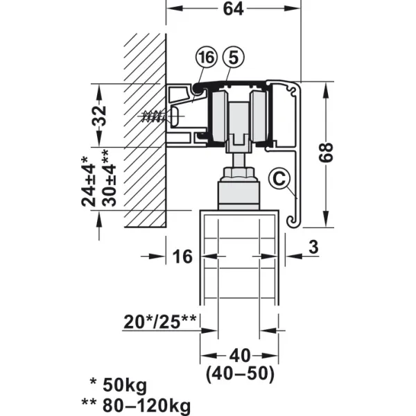 SDS Slido D-Line11 120P medinėms 1 durims su švelniu stabdymu 1 kryptimi