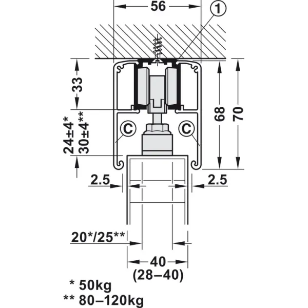 SDS Slido D-Line11 120P medinėms 1 durims su švelniu stabdymu 1 kryptimi