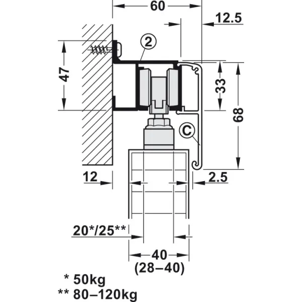 SDS Slido D-Line11 80P medinėms 1 durims su švelniu stabdymu 2 kryptimis