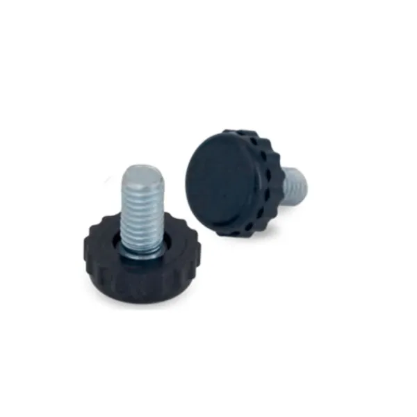 Adjustment feet with fixed stem and knurled Ø16mm flat base, M6x21mm, H27mm, black