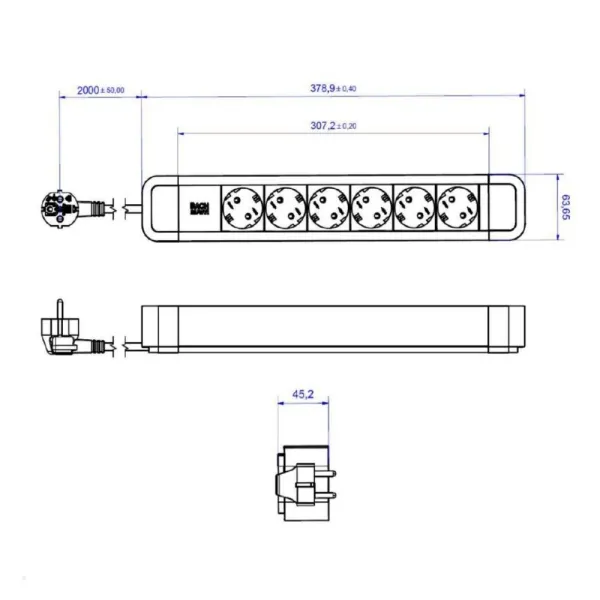 6-way power strip PRIMO 2, 6xCEE7/3, with supply cable L2000mm