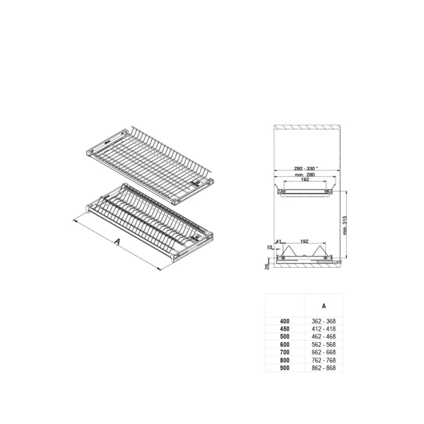 Dish rack 2-piece 310, with two trays, MW450mm, black