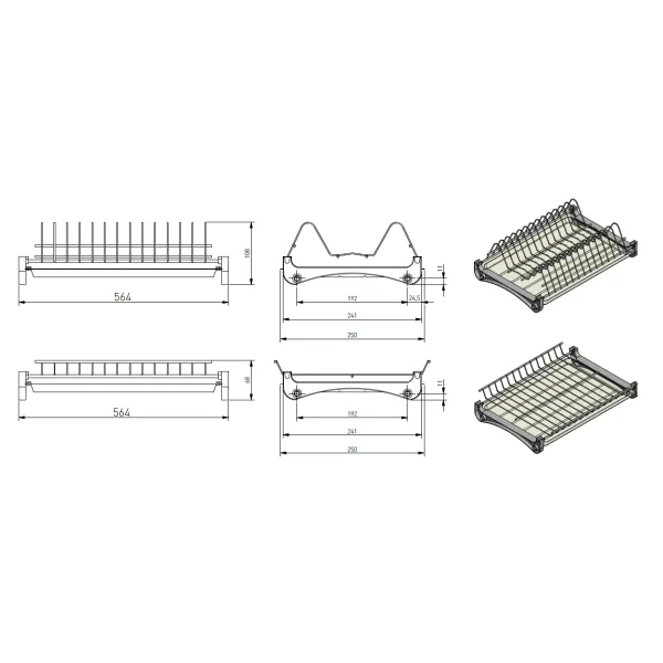 Dish rack, W600mm, double-level, 4 top mounted fasteners, w/out aluminum rods