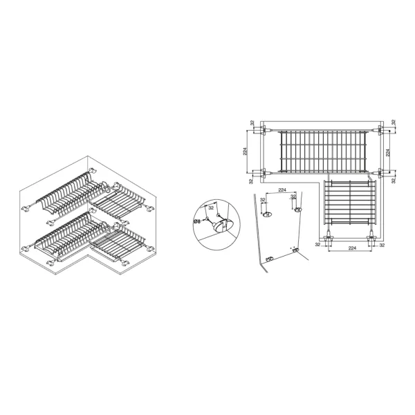Dish rack corner 600x600mm stainless steel
