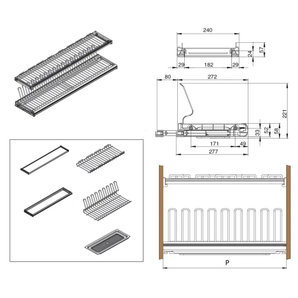 Dish rack 2-part with frame and tray W600mm titanium