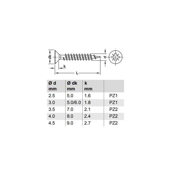 Chipboard screw, Hospa, countersunk head, PZ, fully threaded, 1000 pcs