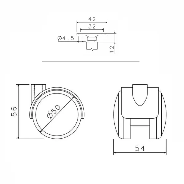 Furniture castor with mounting plate Ø50mm H70mm with rubber, gray/black