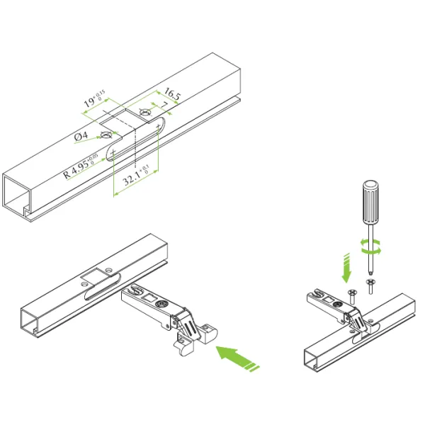 Hinge for aluminum profile, inset, 15mm