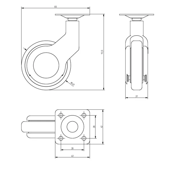 Furniture castor STRADA, Ø60mm, black, without brake
