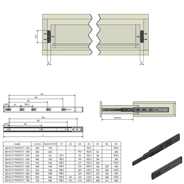 Ball bearing runners L300mm H45mm, partial extension with soft close