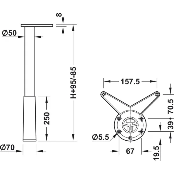 Table leg, Cylindrical, height adjustable