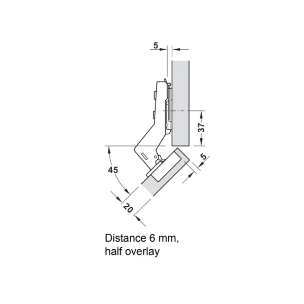 Concealed Cup Hinge Metalla 310 Clip 45° corner application, soft-close, 48/6, nickel