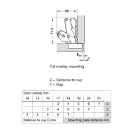 Concealed Cup Hinge Metalla 310 Clip 155° full overlay, soft-close, 48/6, nickel