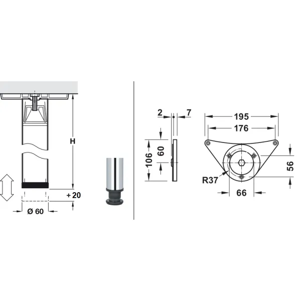Koja stalui Ø60mm, H1100mm, chromas