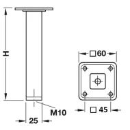 Leg square adjustable 25x25mm H150mm white M10