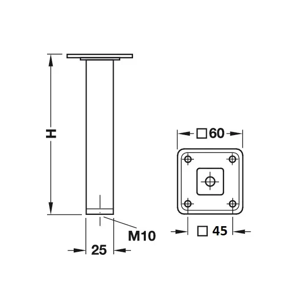 Leg square adjustable 25x25mm H200mm black M10