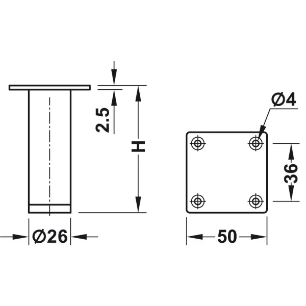 Furniture foot, without height adjustment, with plate