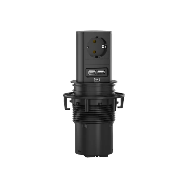 Rozečių blokas ELEVATOR 1xCEE7/3, su dvigubu USB krovikliu, juodas, laidas L2000mm