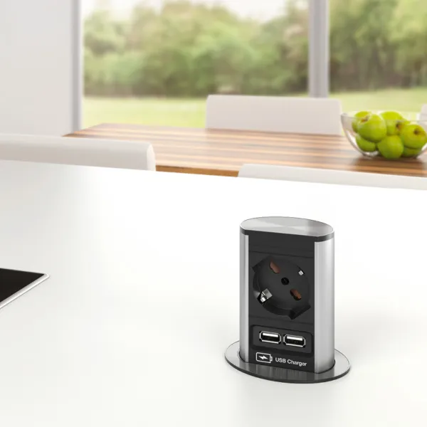 Rozečių blokas ELEVATOR 1xCEE7/3, su dvigubu USB krovikliu, juodas, laidas L2000mm
