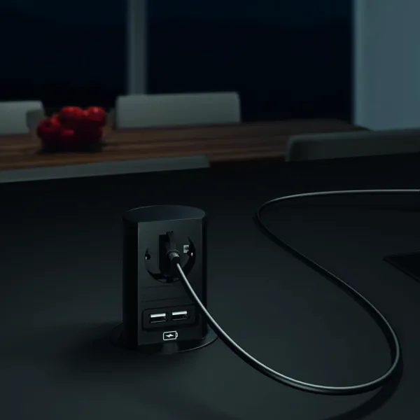 Rozečių blokas ELEVATOR 1xCEE7/3, su dvigubu USB krovikliu, juodas, laidas L2000mm
