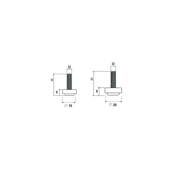 Adjustment feet with fixed stem and knurled Ø16mm flat base, M6x21mm, H27mm, beech