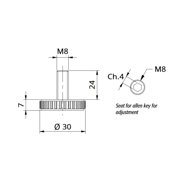 Adjustment feet with fixed stem and knurled Ø30mm flat base, M8x13mm, H20mm, black